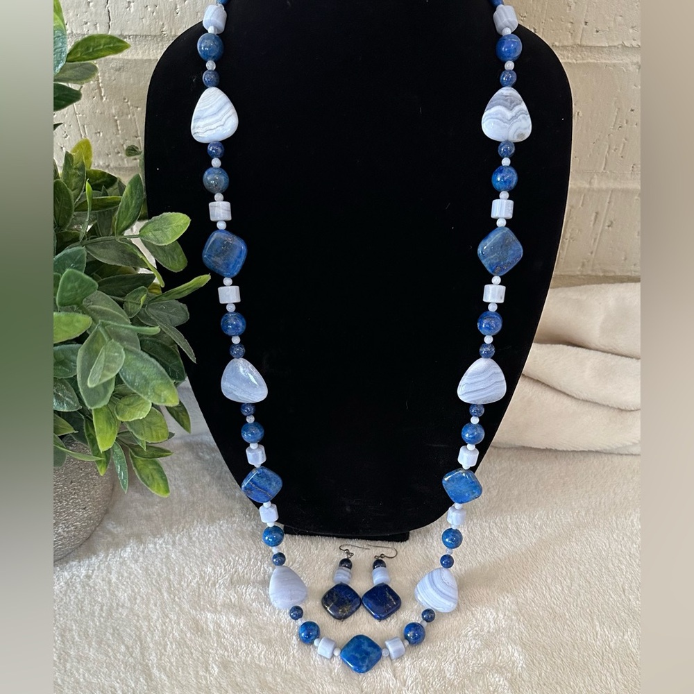 Jay King Lapis Blue Lace Agate Sterling Silver Necklace with Matching Earrings